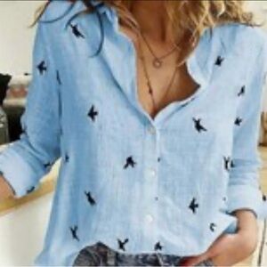 Blue European Linen Button-Up Shirt with Bird Pattern. Size EU L US M/L